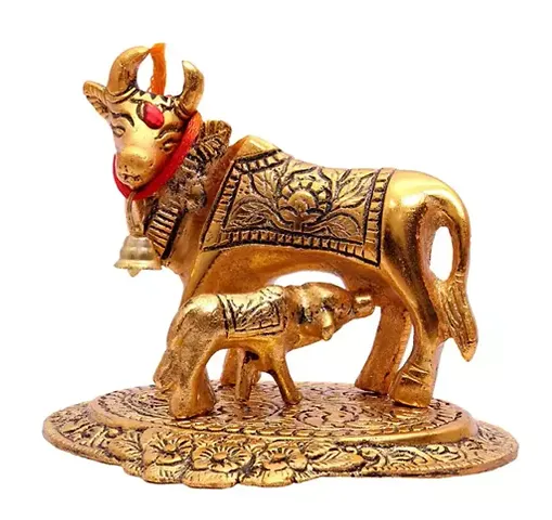 BANSIGOODS Metal Kamdhenu Cow with Calf Statue Handmade Decorative Showpiece for Home Decor Gift - Diwali Decorations Religious Items for Home