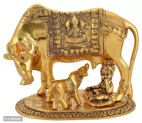 Kamdhenu Cow with Calf, kamdhenu Cow with Calf Brass, Golden Metal Cow and Calf Statue- (18 cm, Golden)-thumb0