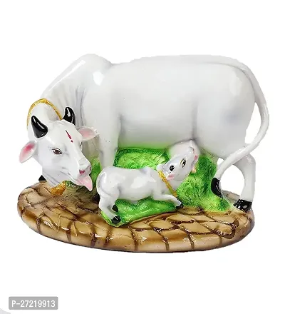 Colorful Cow and Calf Polyresin Statue || Kamdhenu Cow Idol for Temple, Car Dasboard, Home Decor-thumb0