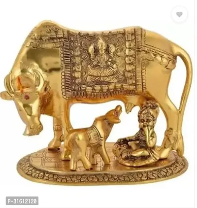 Metal Golden Cow and Calf with Laddu Gopal Krishna for Home Decor-thumb0