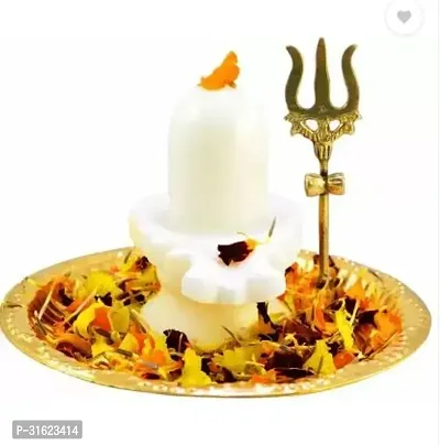 Shaligram White Shiva Ling Lingam Statue Hindu Puja Brass Plate with Stand Decorative Pooja Thali Shivling White Marble Stone Trishul Set Brass  (3 Pieces, Multicolor)