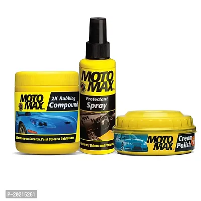 Motomax Bike and Car Care Products Grooming and Shine Kit - Cream Polish 230 g, 2k Rubbing Compound 100 g, Protectant Spray 100 ml, Protects and Shines Bikes, Cars, Sports Bikes, Scooters