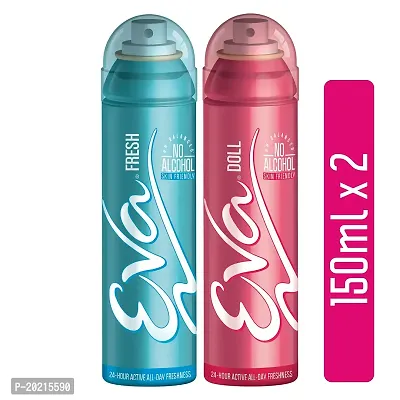 Eva Deodorant Spray Fresh and Doll for Women, 150ml each (Pack of 2)