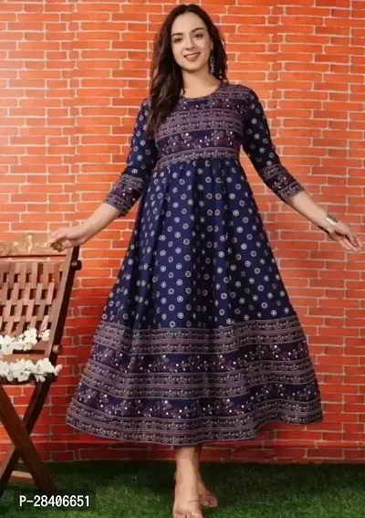 Anarkali Blue Printed Rayon Kurta-thumb0