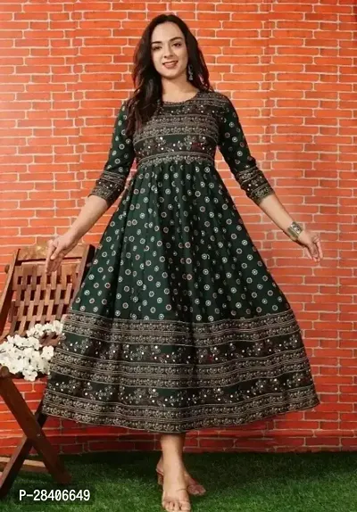 Anarkali Green Printed Rayon Kurta-thumb0