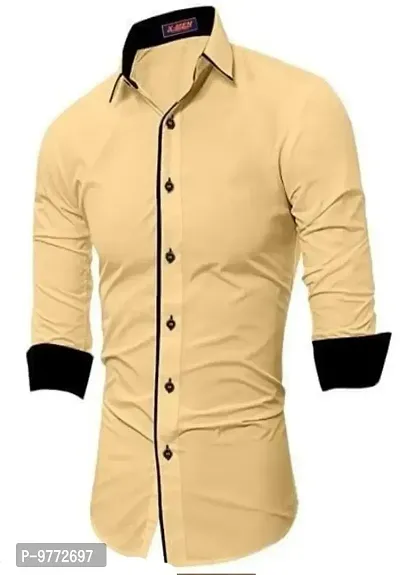 Men's Casual Cotton Shirt, Beige,L, FINE064-thumb0