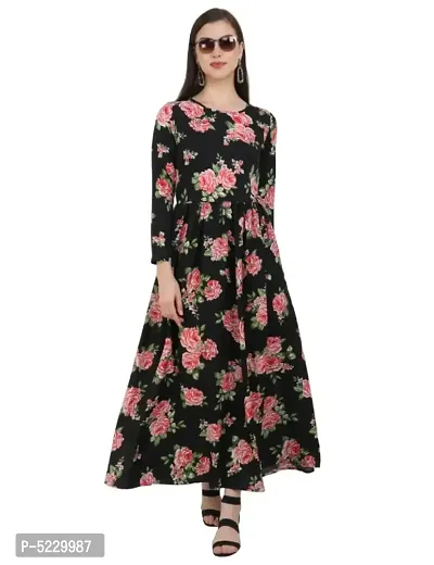 Alluring Black Crepe Printed Gathered Maxi Dress For Women-thumb0