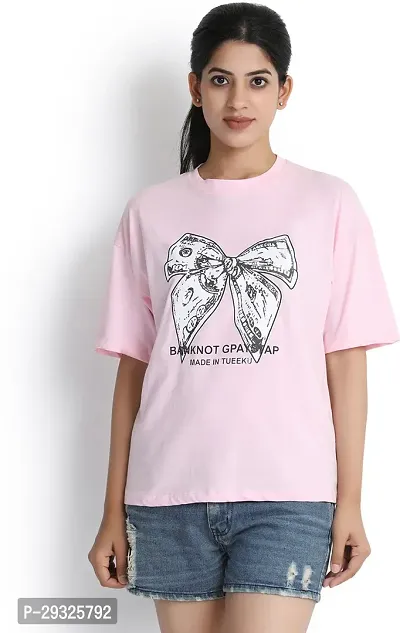 Classic Printed Women Round Neck Pink T Shirt