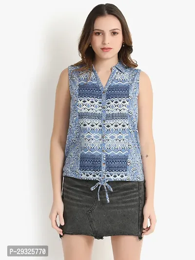 Classic Casual Printed Women White Light Blue Blue Top