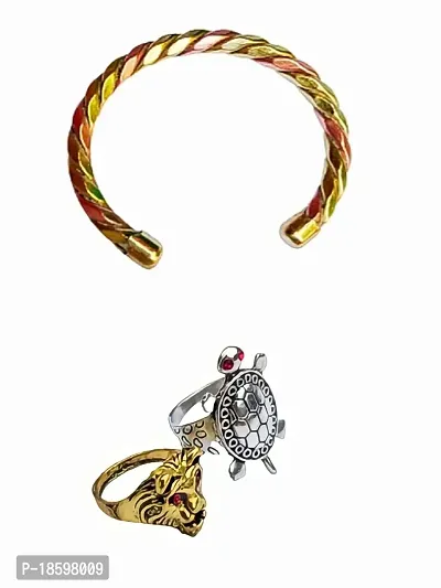 Parampara Tridhatu Kada with 2 Pcs Steel and Brass Kachhua/Kangan/chulla/Bracelet/Bangle with Tortoise/Turtle/Kachuwa Ring Fashionable Ring for Good Health and Happiness-thumb0