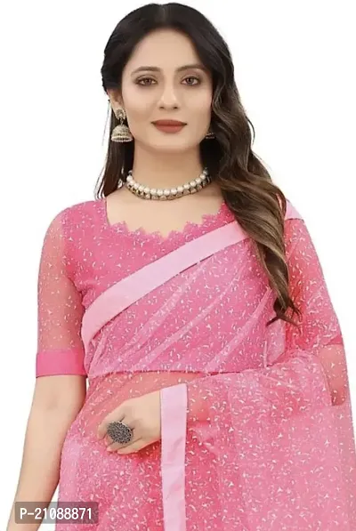 Elegant Pink Net Women Saree with Blouse piece