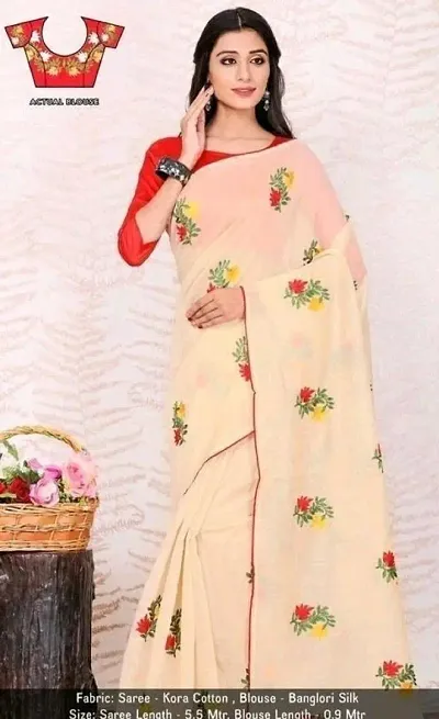 Techno World Women's Cotton Blend Saree with Silk Blouse