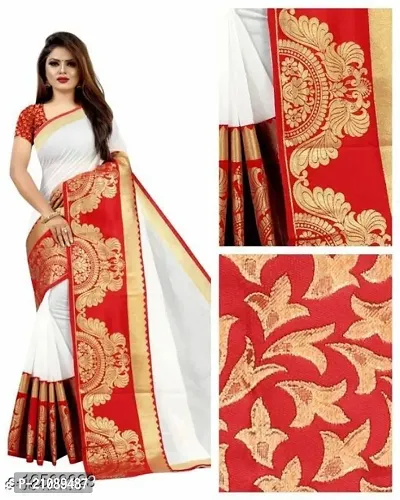 Elegant White Cotton Blend Women Saree with Blouse piece-thumb4