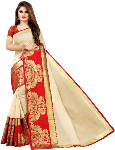 Women's big border Chanderi Cotton Silk Occasional And Festive Saree With RedJacquard Blouse Piece