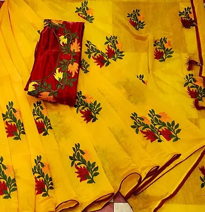 Chanderi Cotton Embroidered Sarees With Banglori Silk Blouse With Embroidery Work