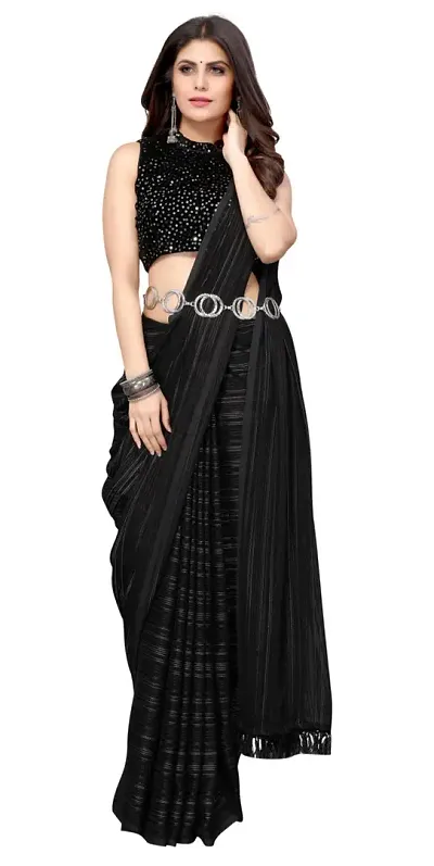 FLOURIOUS Araina Fashion Designed Lightweight Striped Pure Chiffon Saree With Velvet Blouse (Black)