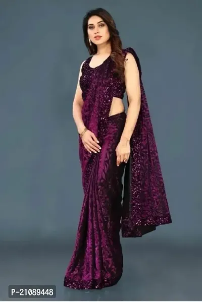 Elegant Purple Net Women Saree with Blouse piece-thumb2