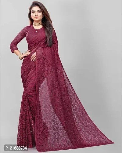 Elegant Maroon Net Women Saree with Blouse piece-thumb0