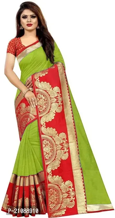 Elegant Green Cotton Blend Women Saree with Blouse piece-thumb0