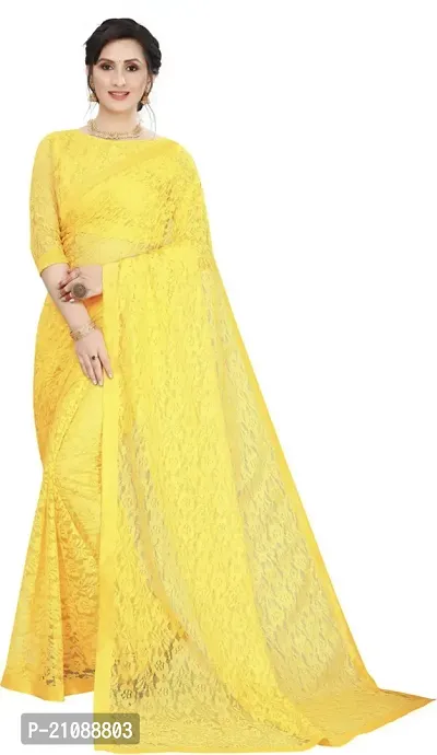 Elegant Yellow Net Women Saree with Blouse piece-thumb0