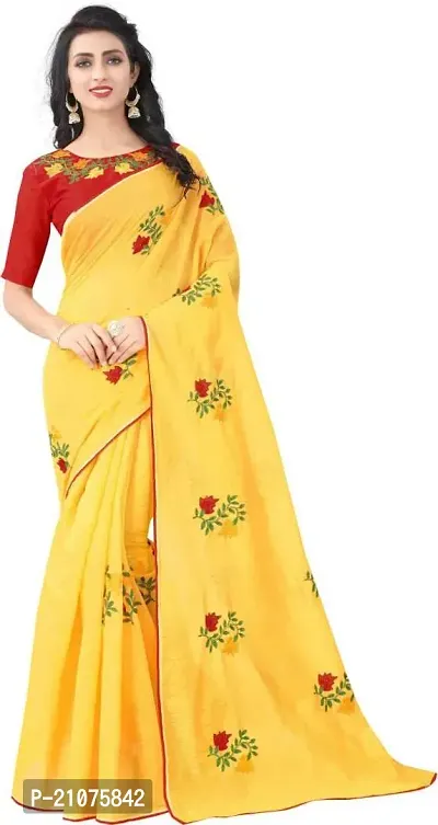 Stylish Chanderi Cotton Embroidered Saree with Blouse piece For Women-thumb0