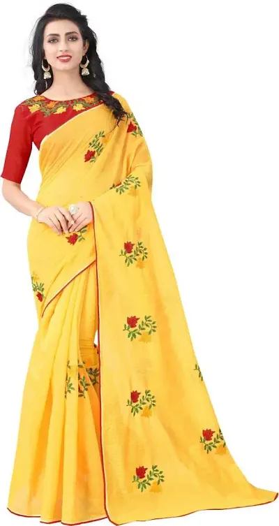 Stylish Chanderi Embroidered Saree with Blouse piece For Women