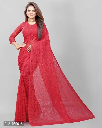 Elegant Red Net Women Saree with Blouse piece