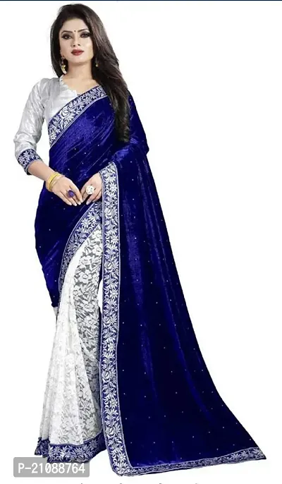 Elegant Blue Velvet Women Saree with Blouse piece