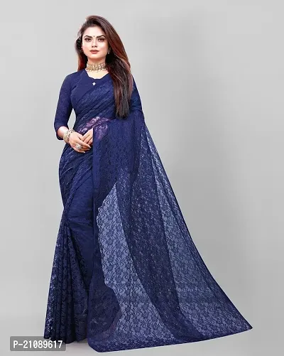 Elegant Dark Blue Net Women Saree with Blouse piece