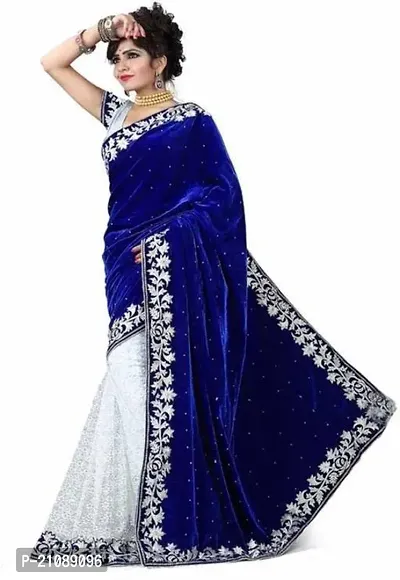 Elegant Blue Velvet Women Saree with Blouse piece-thumb0