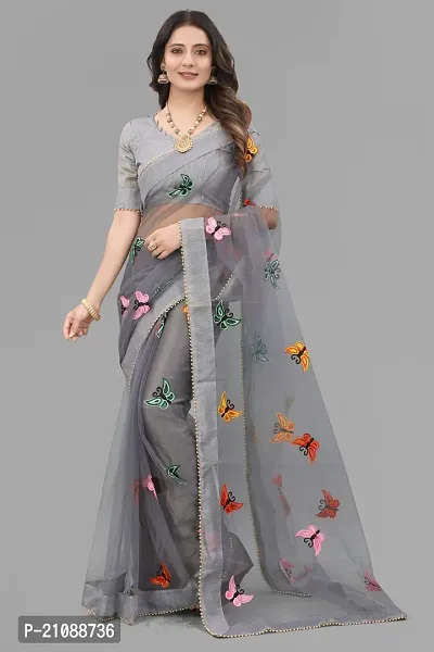 Elegant Grey Net Women Saree with Blouse piece