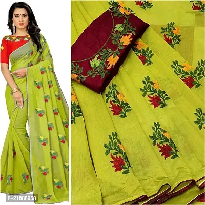 Elegant Green Cotton Blend Women Saree with Blouse piece-thumb0