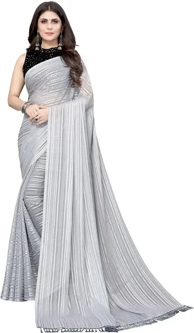 FLOURIOUS Araina Fashion Designed Lightweight Striped Pure Chiffon Saree With Velvet Blouse