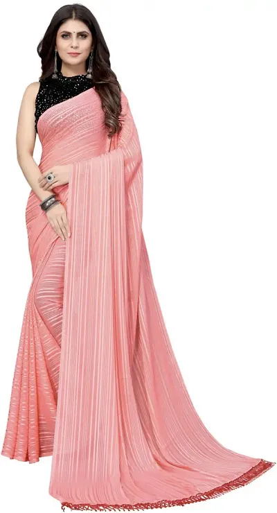 FLOURIOUS Araina Fashion Designed Lightweight Striped Pure Chiffon Saree With Velvet Blouse