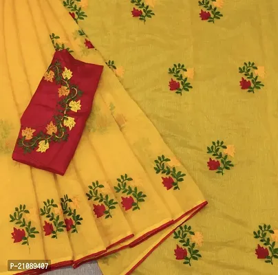 Elegant Yellow Cotton Blend Women Saree with Blouse piece-thumb0