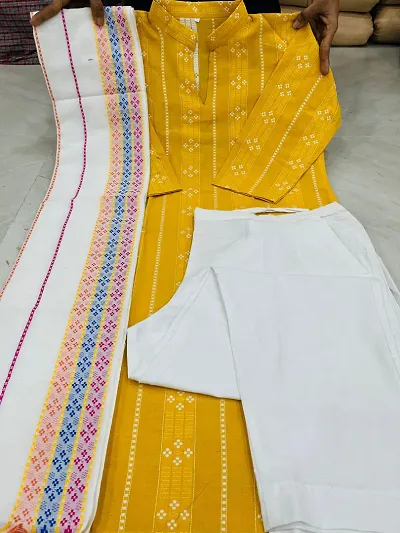 Fancy Cotton Kurta Bottom And Dupatta Set For Women