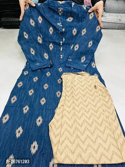 Stylish Blue Ikkat Cotton Blend Pocket kurthi Set For Women