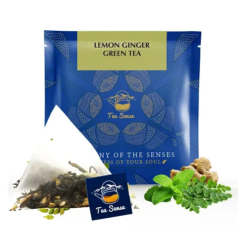 TEA SENSE Lemon Ginger Green Tea 15 Pc Pyramid Tea Bags in Sealed Pouches