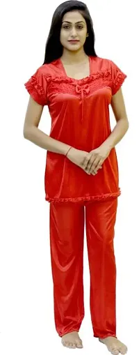 Satin Solid Night Suit Set For Women
