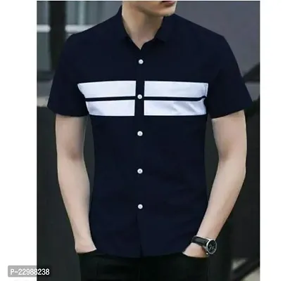 Elegant Cotton Navy Blue Short Sleeve Casual Shirt For Men-thumb0