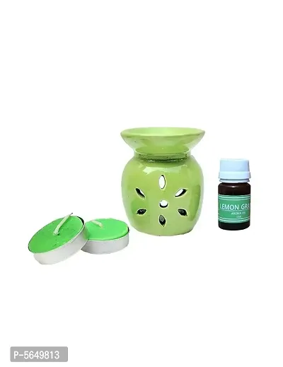homedecor anurudh Ceramic Diffuser Essential Oil Burner Green Color, 2Tea Light with 10ml Lemongrass Aroma Oil (Set of 1, Green Color Size: 8x7.5cm )-thumb0
