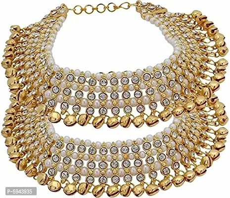 Home Decor Traditional Charms Ghungroo Non-Precious Metal Gold Plated Alloy Anklet For Women & Girls Combo Of 2 Pair-thumb0