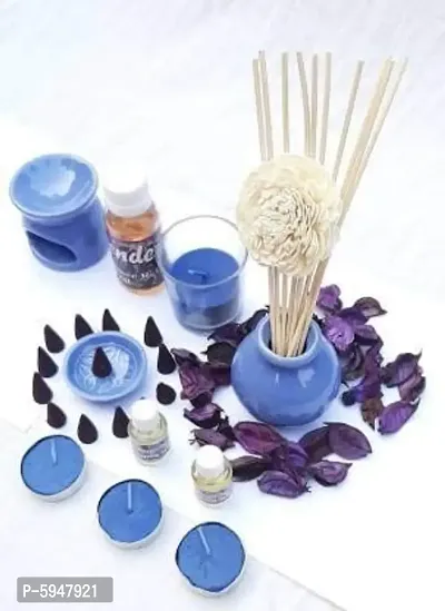 home decor Reed Diffuser Fragrance Lavender Set (One Stoneware Pot, 8 Reed Sticks, 60ml Reed Diffuser Oil, 50gm of Potpourri)