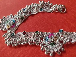 Women's Non-Precious Metal Silver Plated Traditional Indian Kashmiri Design Heavy Payal with Jhaalar Fancy Ghungroo Metal Payal-thumb3