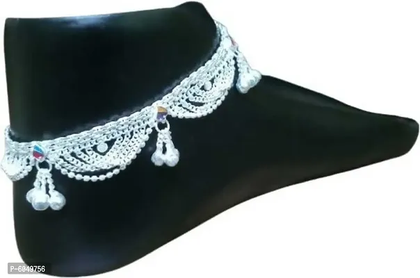 Silver Plated Brass Stylish Thin Size Anklets kolusu Payal ghungroo for Women and Girls-thumb0