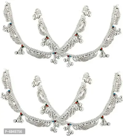 Silver Plated Brass Stylish Thin Size Anklets kolusu Payal ghungroo for Women and Girls-thumb3
