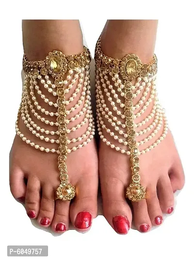 Antique Traditional Kundan Pearls Stone Gold Plated Payal/Anklet/Pajeb/Payjeb/Painjan/Ghungroo/Anklet Bracelet/Pattilu for Women and Girls (Golden and White)-thumb4