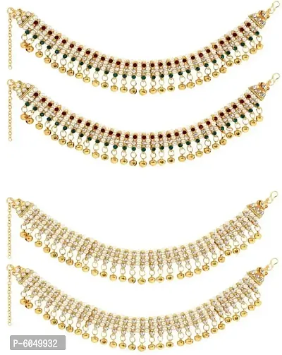 Antique Traditional Kundan Pearls Stone Gold Plated Payal/Anklet/Pajeb/Payjeb/Painjan/Ghungroo/Anklet Bracelet/Pattilu for Women and Girls (Golden and White)-thumb0