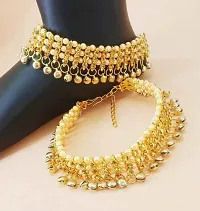 Antique Traditional Kundan Pearls Stone Gold Plated Payal/Anklet/Pajeb/Payjeb/Painjan/Ghungroo/Anklet Bracelet/Pattilu for Women and Girls (Golden and White)-thumb1