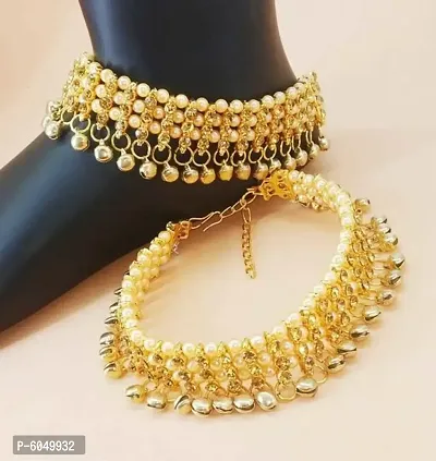 Antique Traditional Kundan Pearls Stone Gold Plated Payal/Anklet/Pajeb/Payjeb/Painjan/Ghungroo/Anklet Bracelet/Pattilu for Women and Girls (Golden and White)-thumb2
